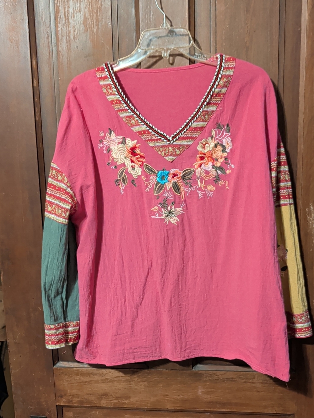 Cream Embroidered V-Neck Tunic with Coral & Blue Dragonfly - Picture 6 of 8